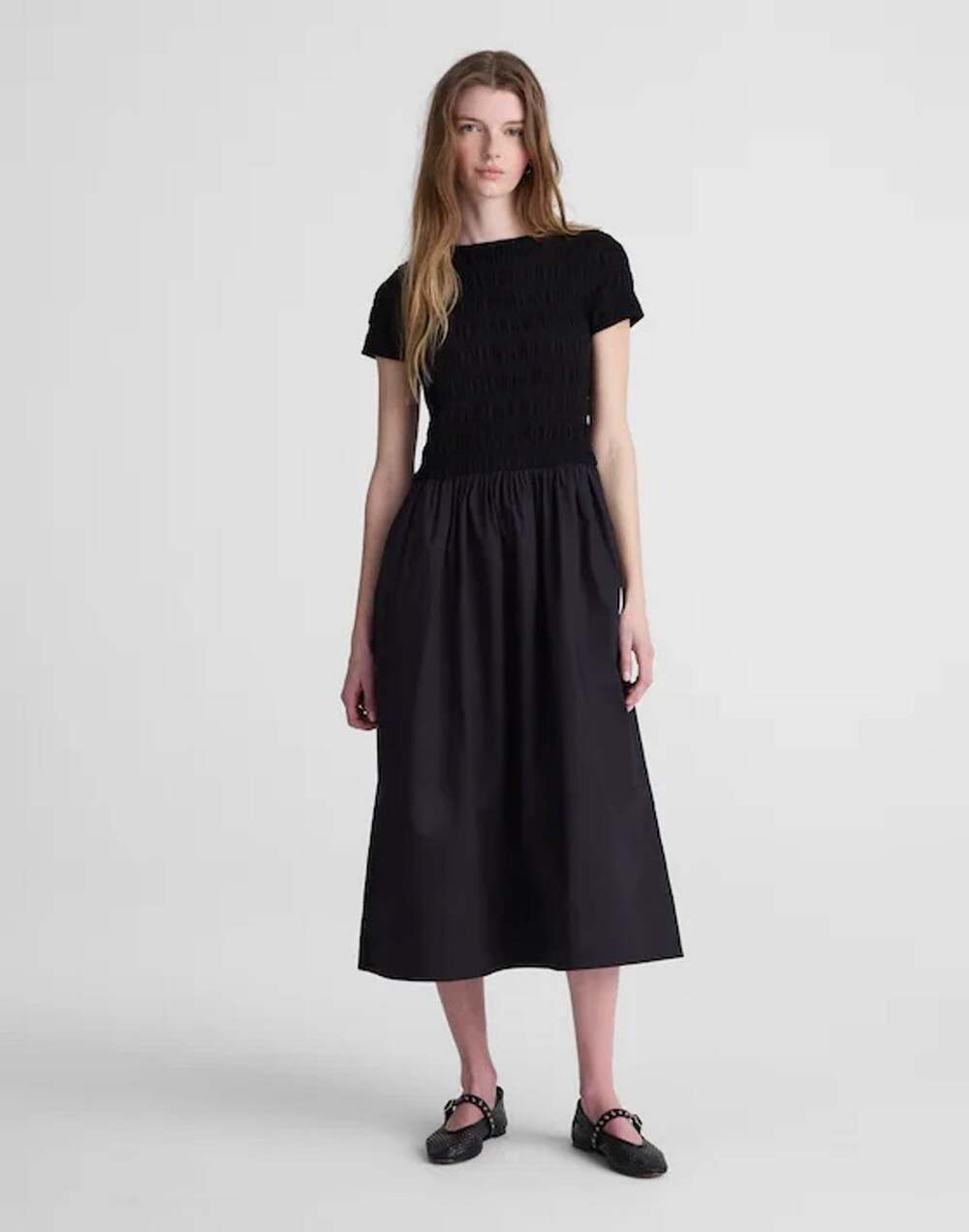 Madewell Smocked Boatneck Midi Dress A Line Smocked Poplin Jet Black XXS NWT